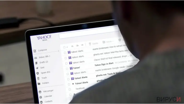 An illustration of a man looking at a hacked Yahoo account
