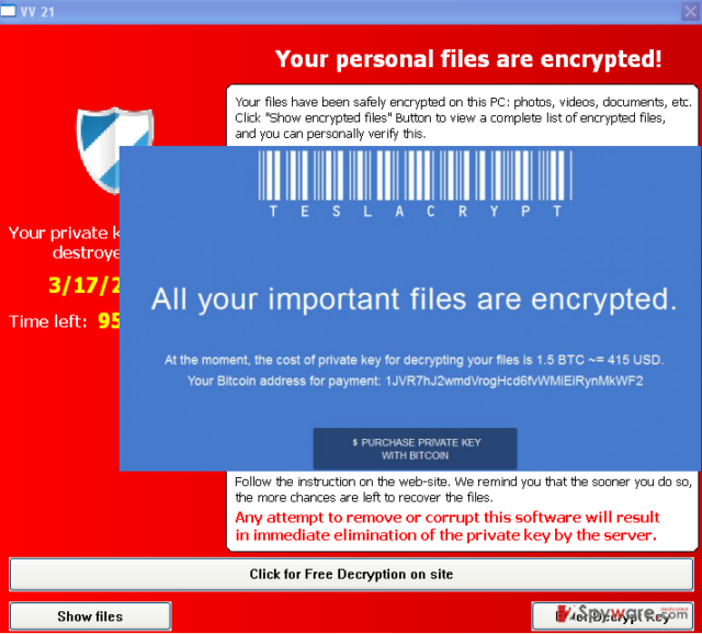 Warning messages that are caused by TeslaCrypt ransomware