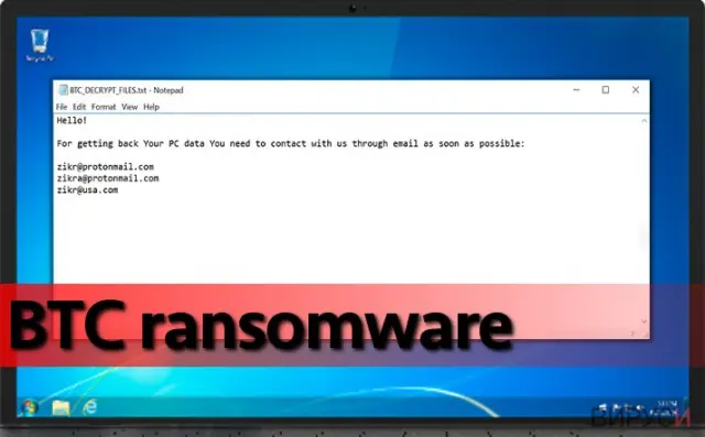 Screenshot of the ransom note left by BTC virus